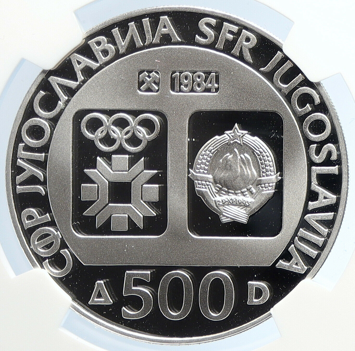 1984 YUGOSLAVIA Olympic SARAJEVO Slalom Skier Proof Silver 500D Coin NGC i105698