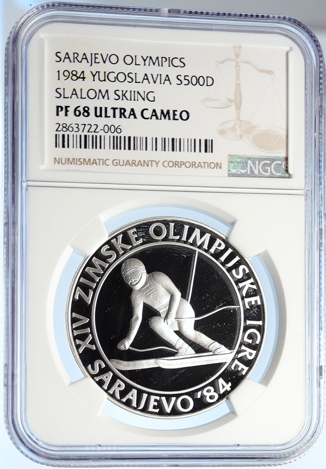 1984 YUGOSLAVIA Olympic SARAJEVO Slalom Skier Proof Silver 500D Coin NGC i105698