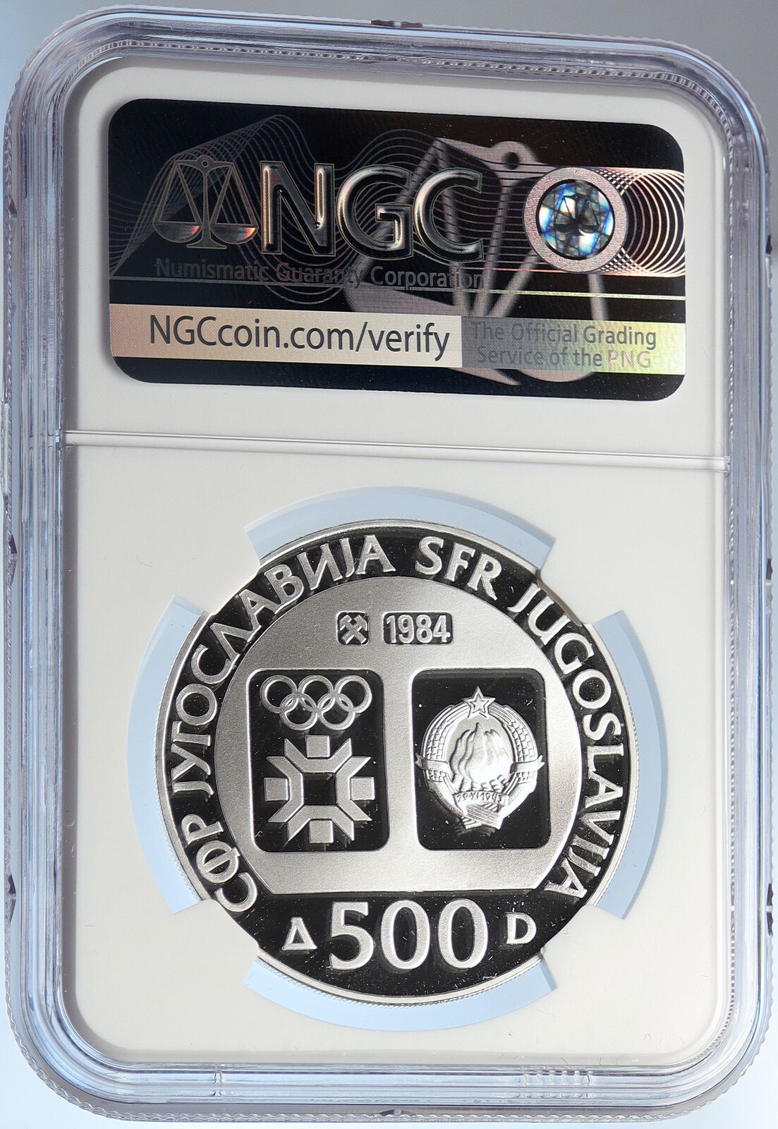 1984 YUGOSLAVIA Olympic SARAJEVO Slalom Skier Proof Silver 500D Coin NGC i105698