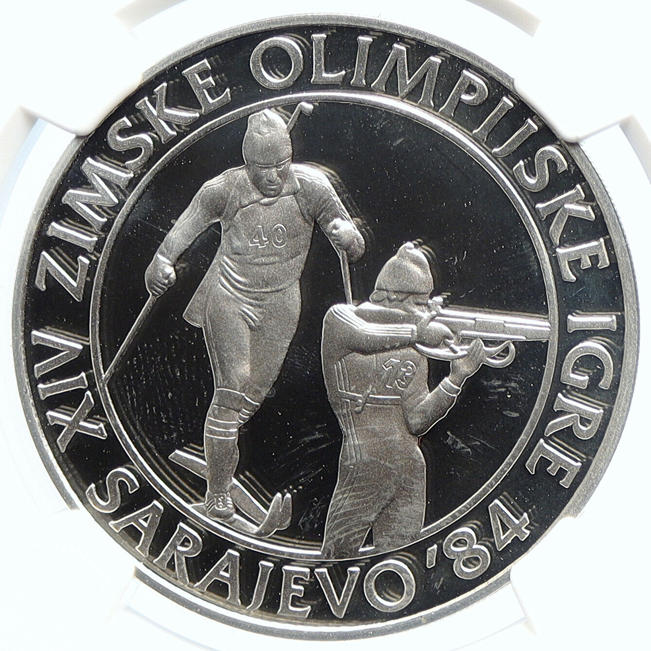 1983 YUGOSLAVIA '84 Olympics SARAJEVO Biathlon PRF Silver 500 D Coin NGC i105696