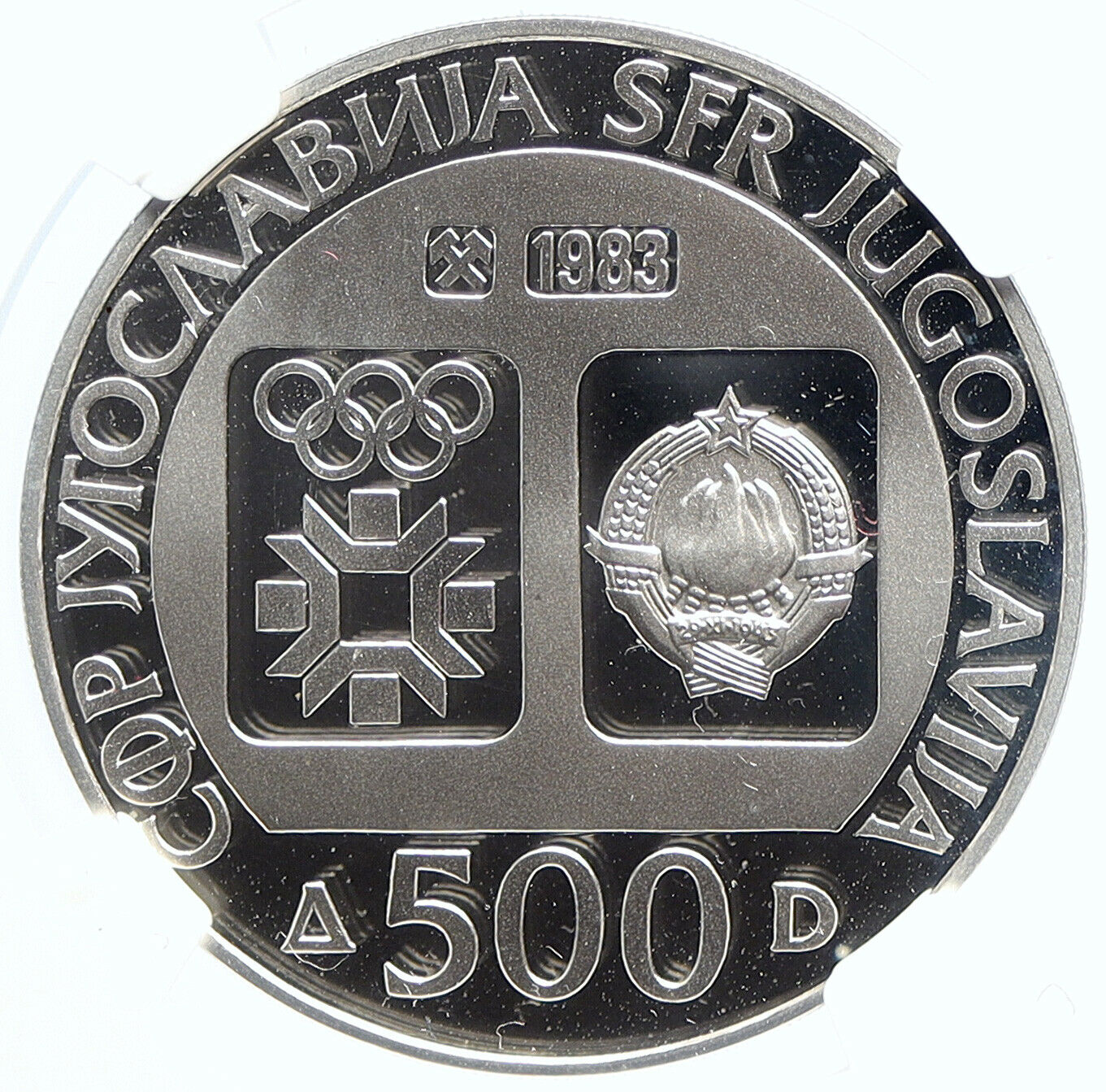 1983 YUGOSLAVIA '84 Olympics SARAJEVO Biathlon PRF Silver 500 D Coin NGC i105696