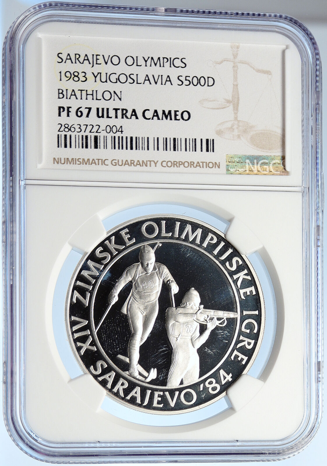 1983 YUGOSLAVIA '84 Olympics SARAJEVO Biathlon PRF Silver 500 D Coin NGC i105696