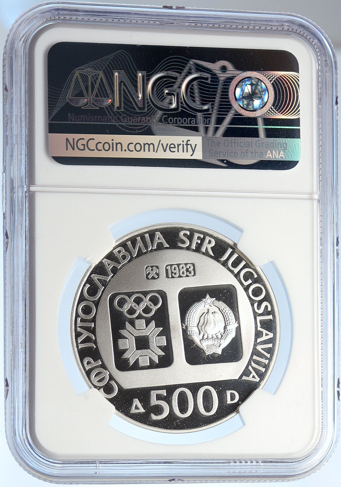 1983 YUGOSLAVIA '84 Olympics SARAJEVO Biathlon PRF Silver 500 D Coin NGC i105696