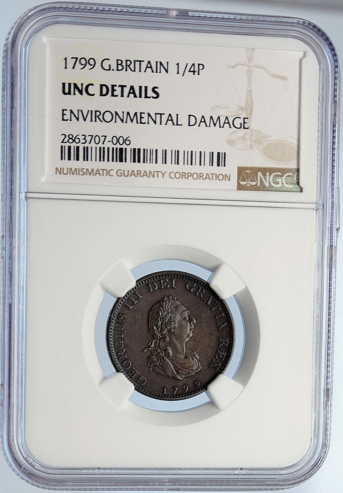 1799 GREAT BRITAIN United Kingdom King GEORGE III Farthing 1/4P Coin NGC i105713