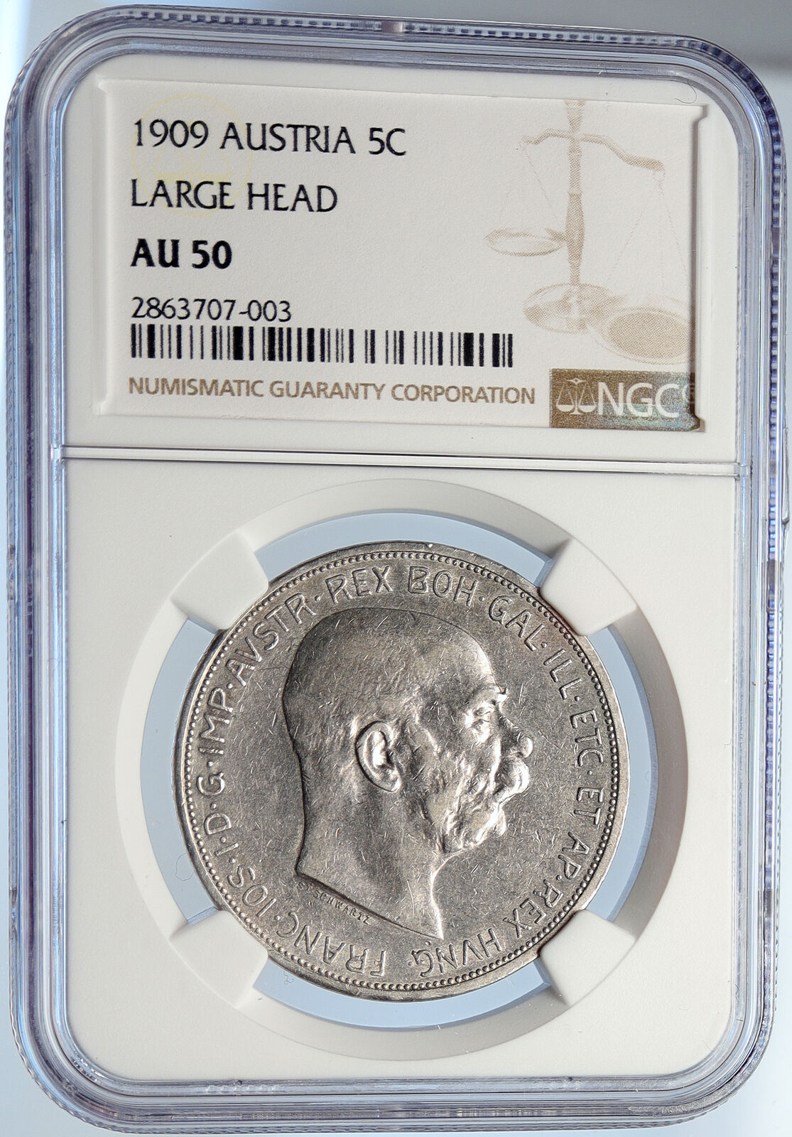 1909 AUSTRIA w King FRANZ JOSEPH I Austrian Silver Old 5 Corona Coin NGC i105710