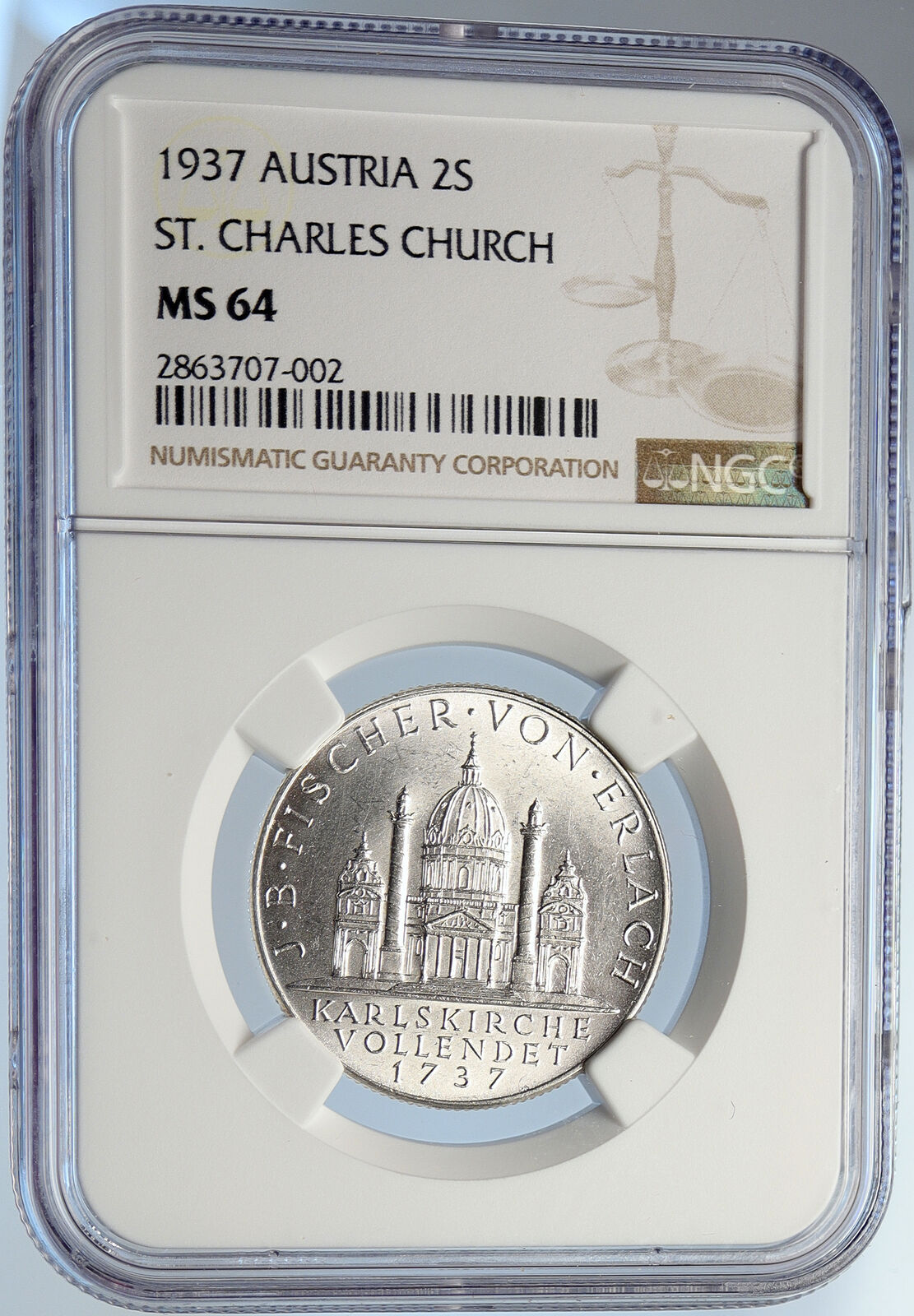 1937 AUSTRIA Karlskirche Church Genuine Silver 2 Shillings Austrian Coin i105709