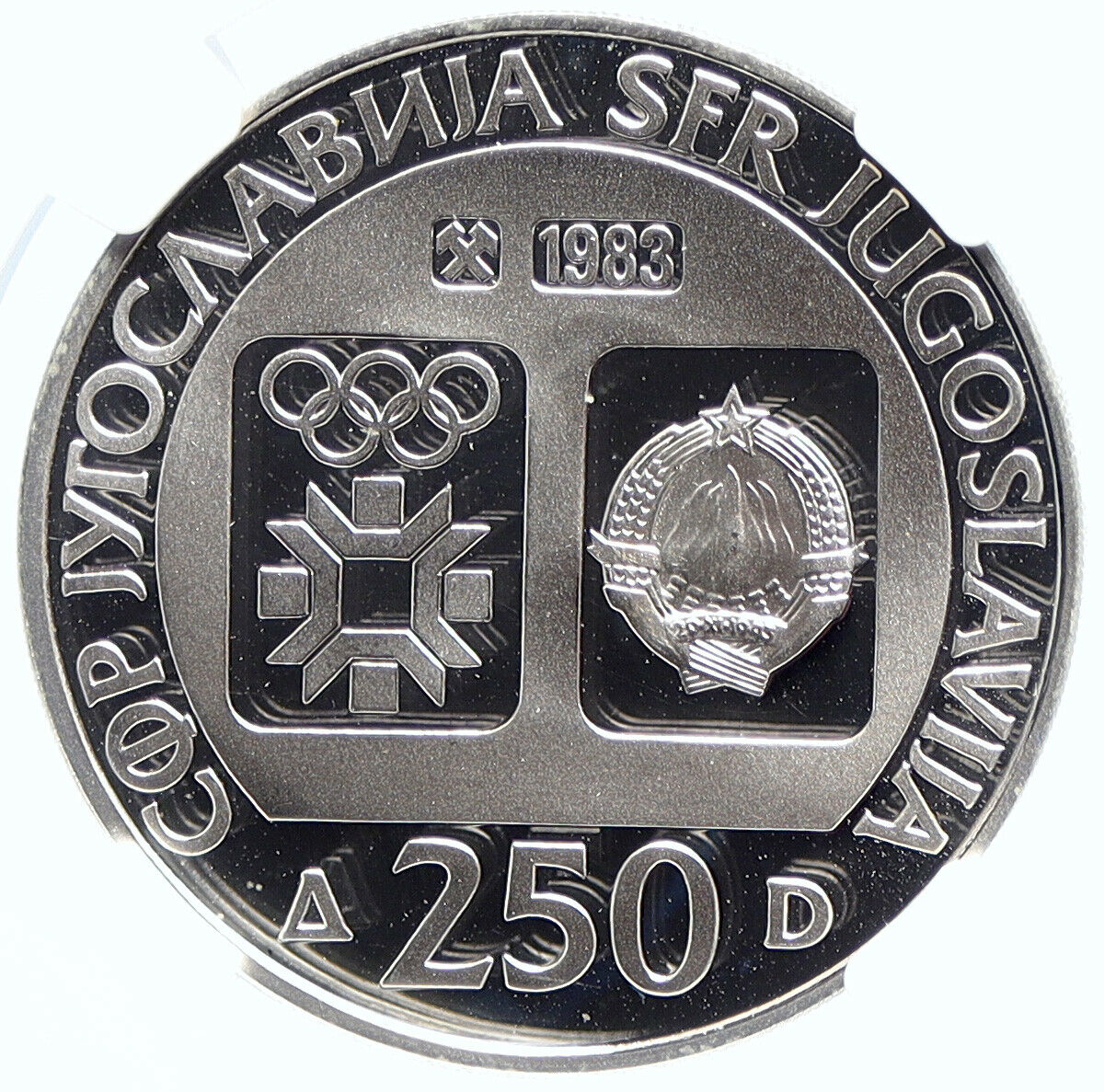 1983 YUGOSLAVIA Olympic Radimlja Tombs SARAJEVO PF Silver 250 D Coin NGC i105693