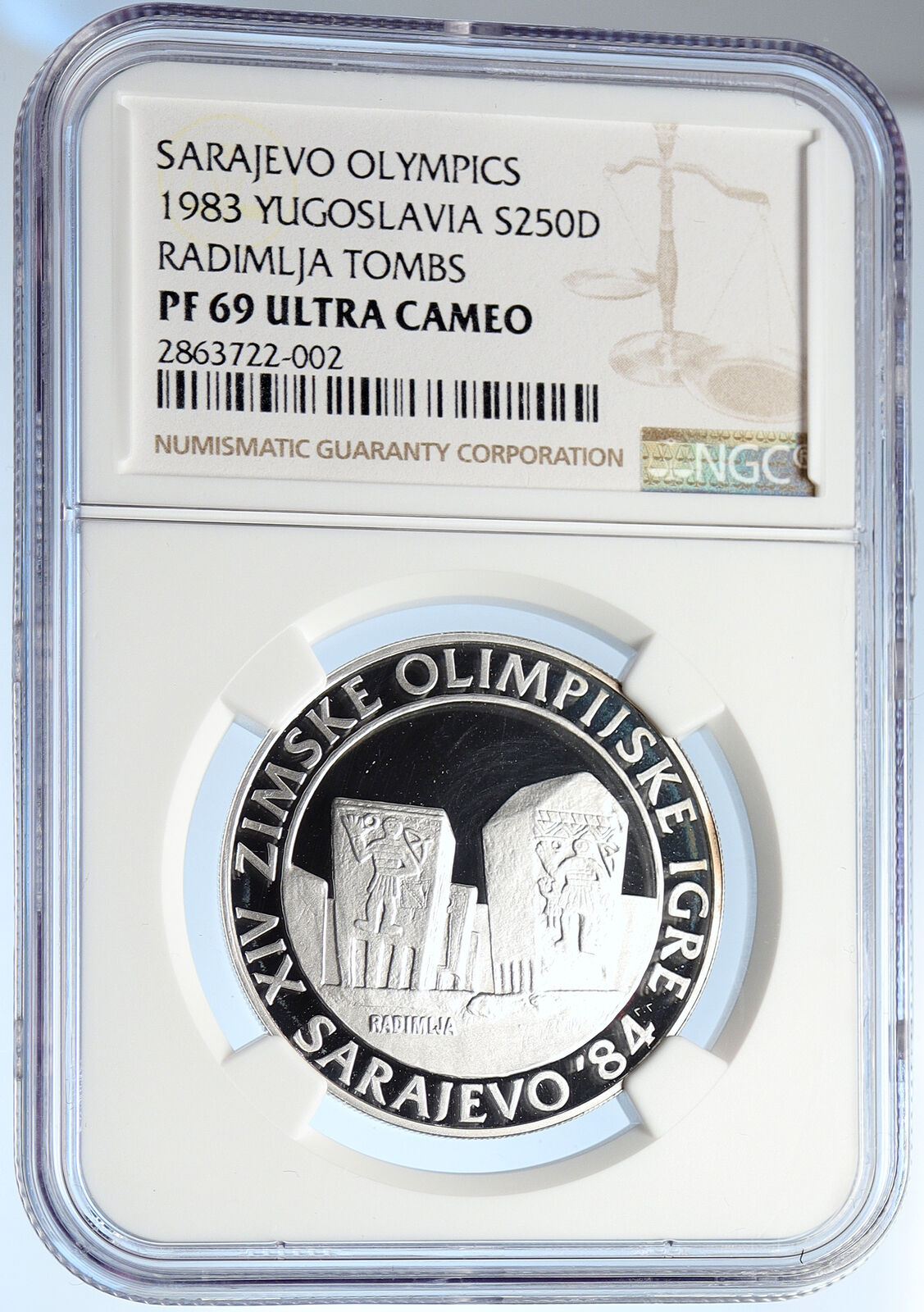 1983 YUGOSLAVIA Olympic Radimlja Tombs SARAJEVO PF Silver 250 D Coin NGC i105694