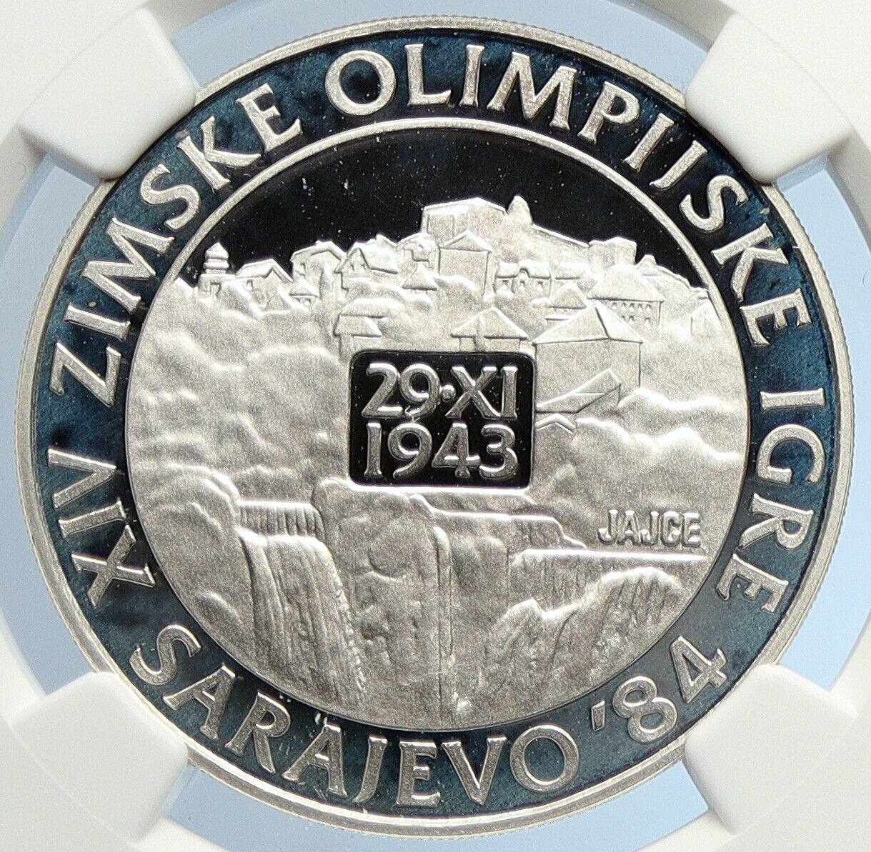 1984 YUGOSLAVIA Olympic Village Jajce SARAJEVO PRF Silver 250D Coin NGC i105702