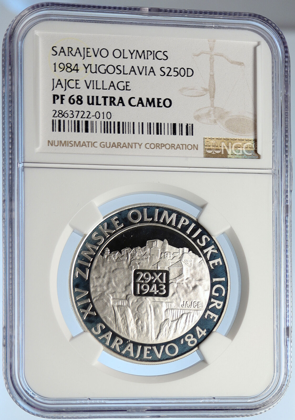 1984 YUGOSLAVIA Olympic Village Jajce SARAJEVO PRF Silver 250D Coin NGC i105702