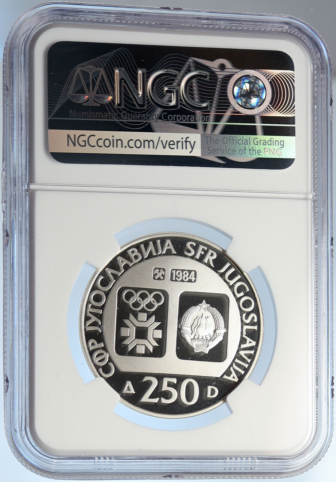 1984 YUGOSLAVIA Olympic Village Jajce SARAJEVO PRF Silver 250D Coin NGC i105702