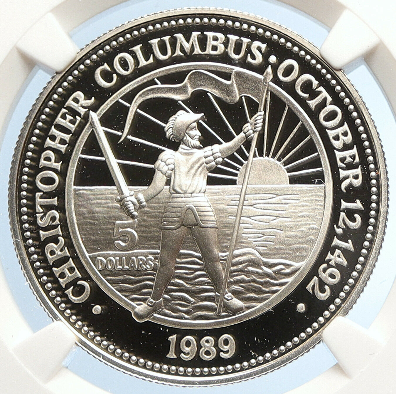 1989 BAHAMAS Elizabeth II CHRISTOPHER COLUMBUS Old Proof Silver $5 Coin i105704