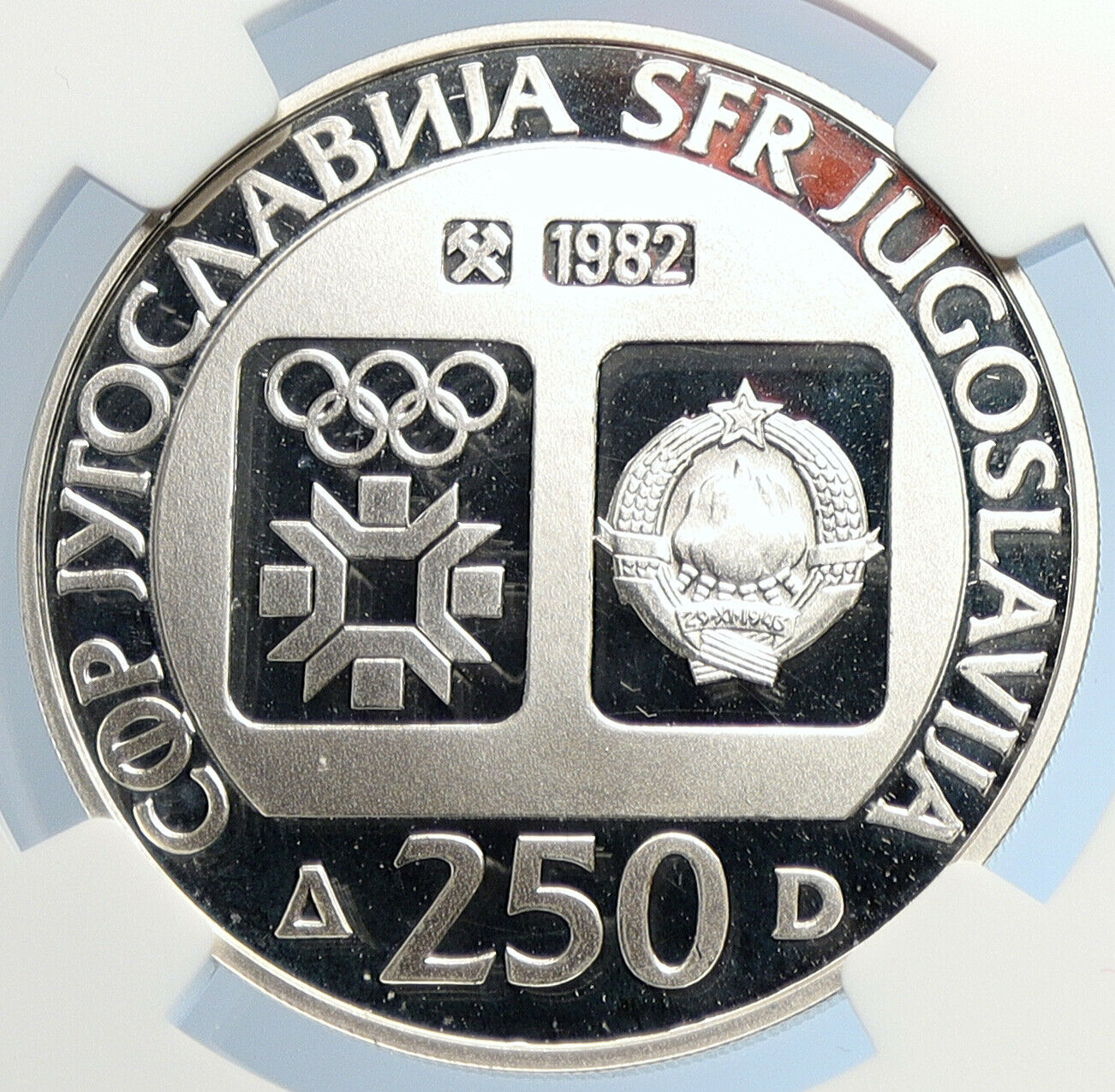 1982 YUGOSLAVIA Olympic SARAJEVO CITY Proof Silver 250 Dinara Coin NGC i105701