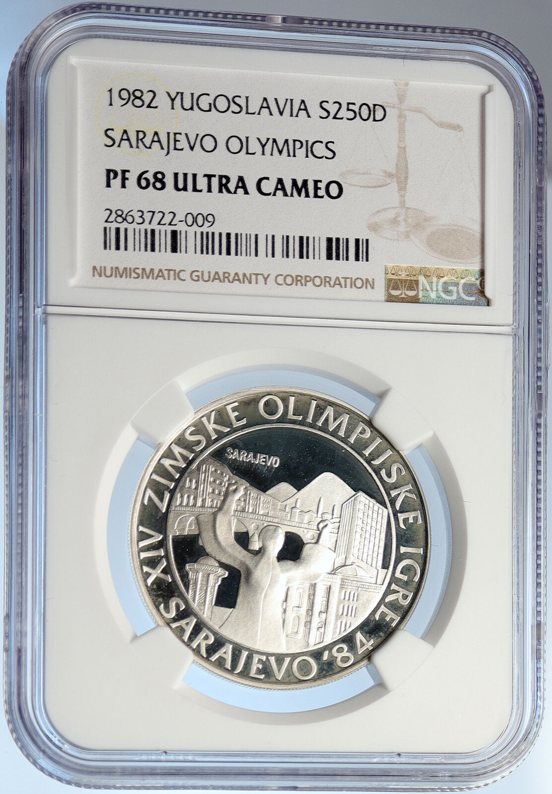 1982 YUGOSLAVIA Olympic SARAJEVO CITY Proof Silver 250 Dinara Coin NGC i105701