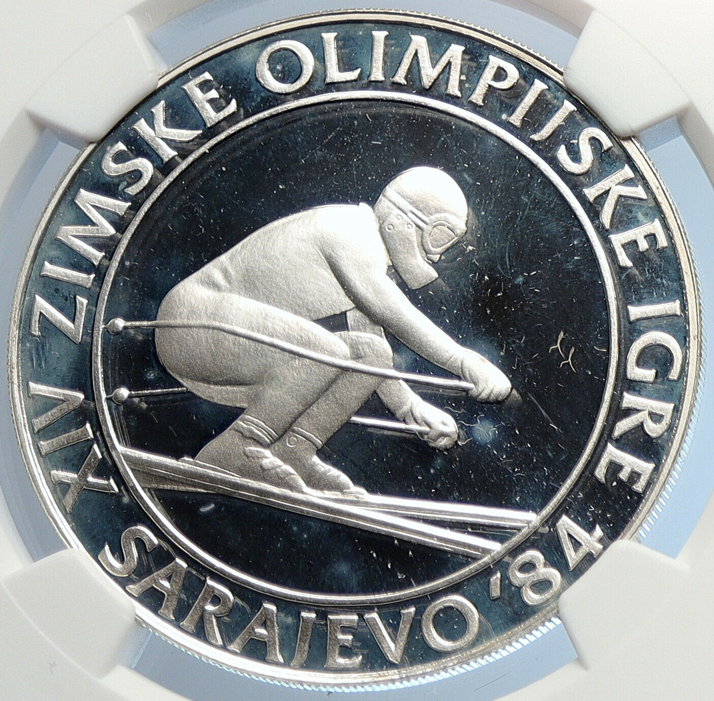 1982 YUGOSLAVIA '84 Winter Olympic SARAJEVO Skier Proof Silver 500D Coin i105699