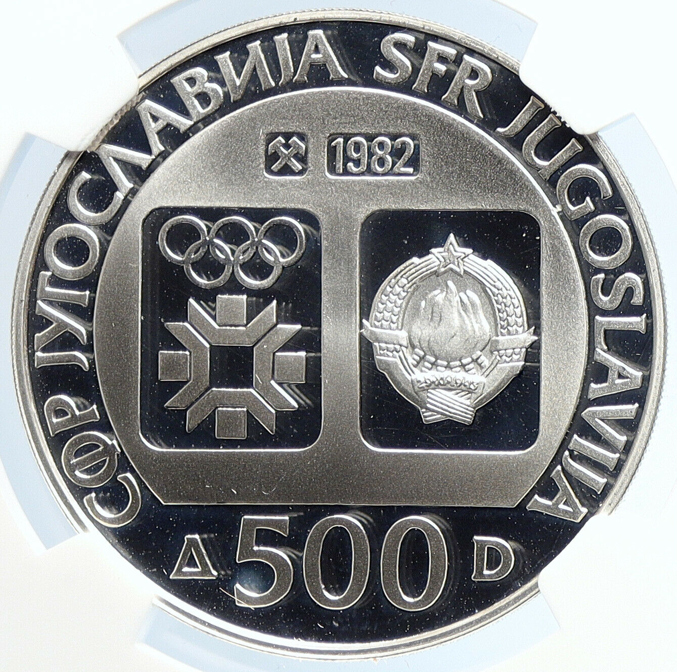 1982 YUGOSLAVIA '84 Winter Olympic SARAJEVO Skier Proof Silver 500D Coin i105699