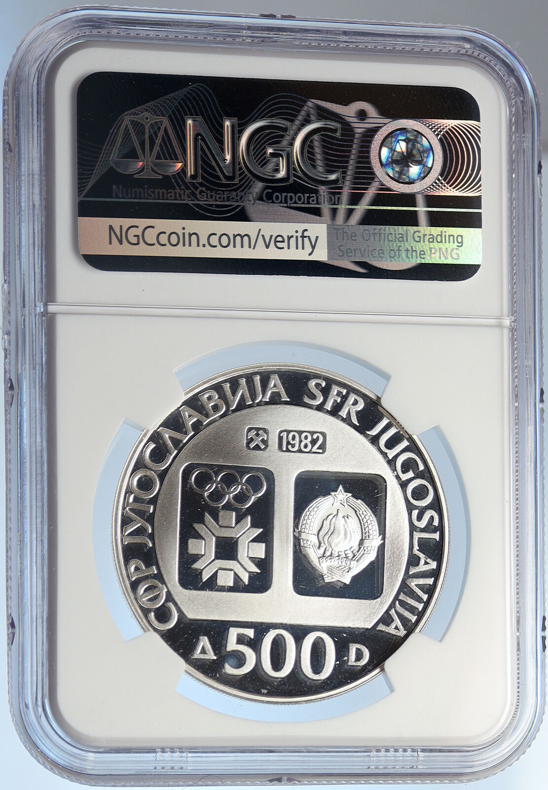 1982 YUGOSLAVIA '84 Winter Olympic SARAJEVO Skier Proof Silver 500D Coin i105699