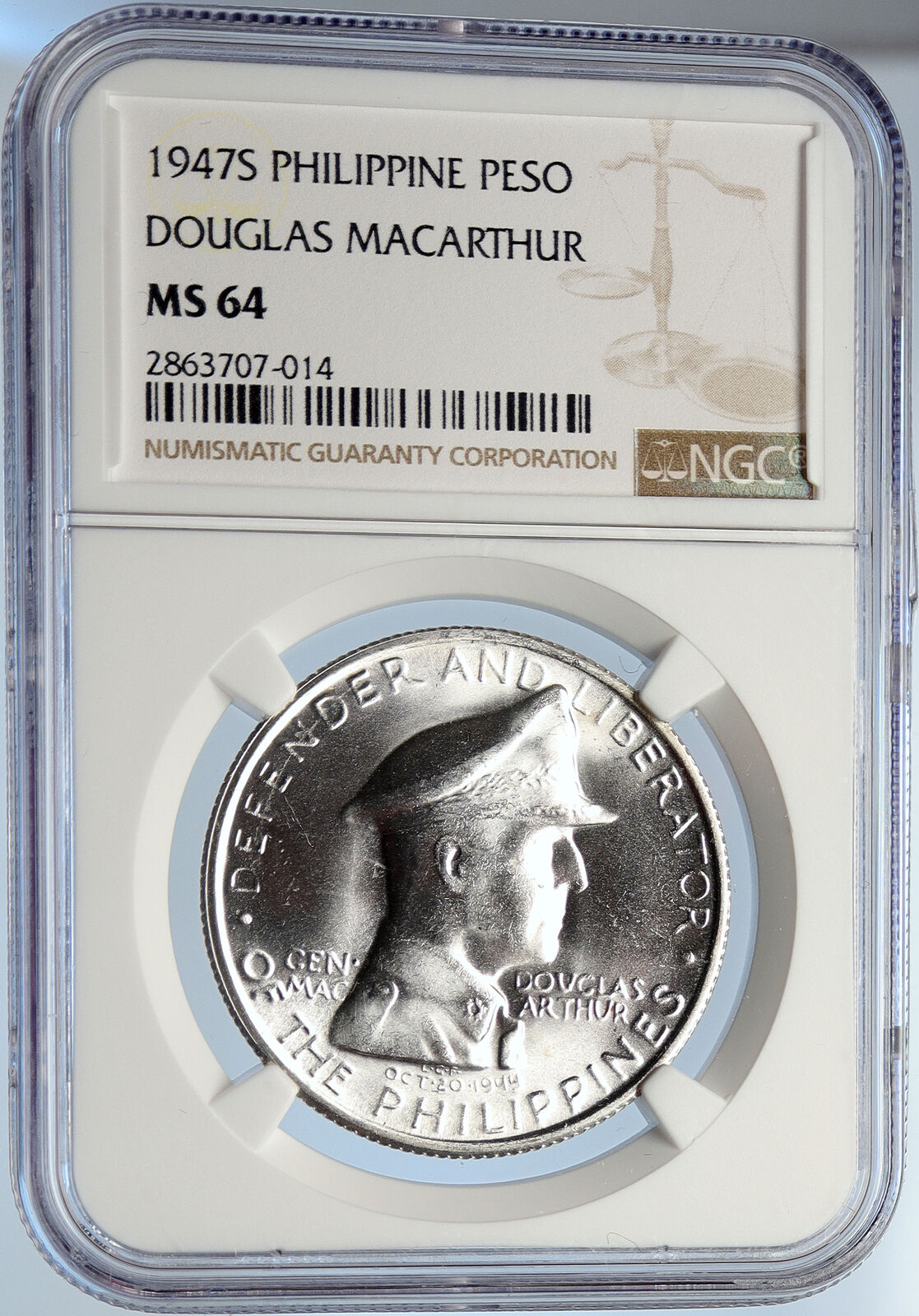 1947S PHILIPPINES US WWII General DOUGLAS MACARTHUR Silver Peso Coin NGC i105721