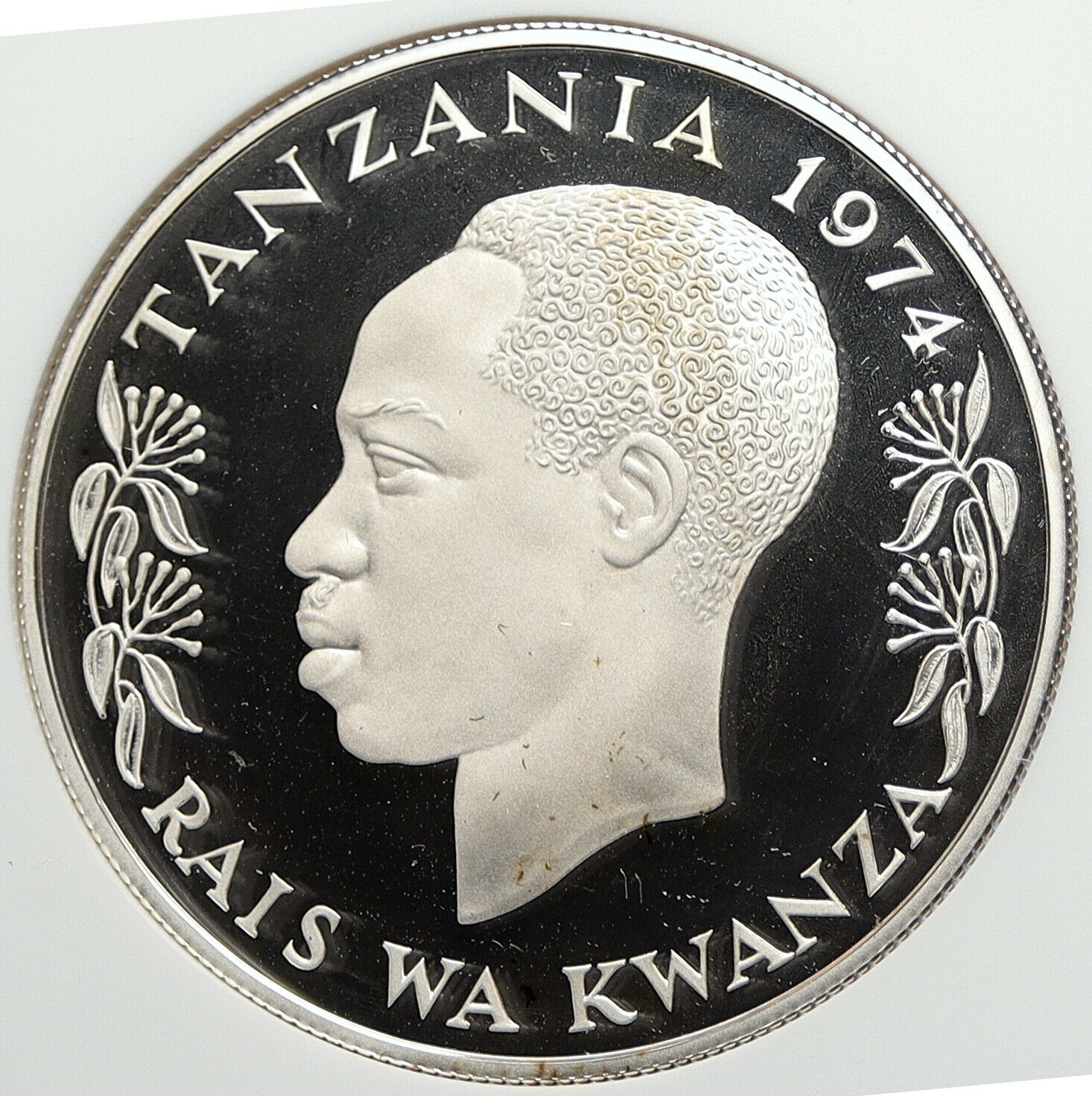 1974 TANZANIA President Nyerere RHINOCEROS Proof Silver 50 Shg Coin NGC i106024