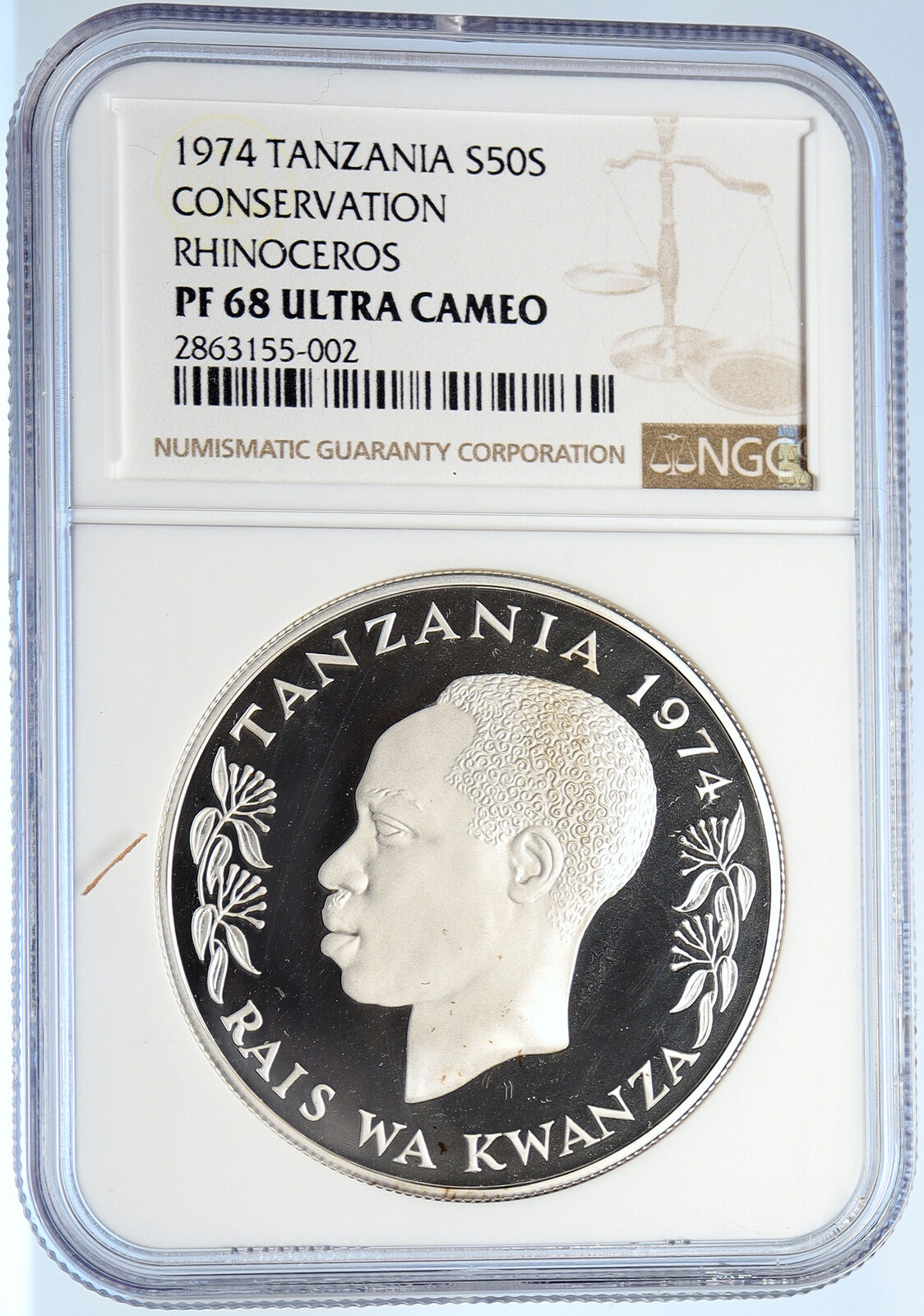 1974 TANZANIA President Nyerere RHINOCEROS Proof Silver 50 Shg Coin NGC i106024