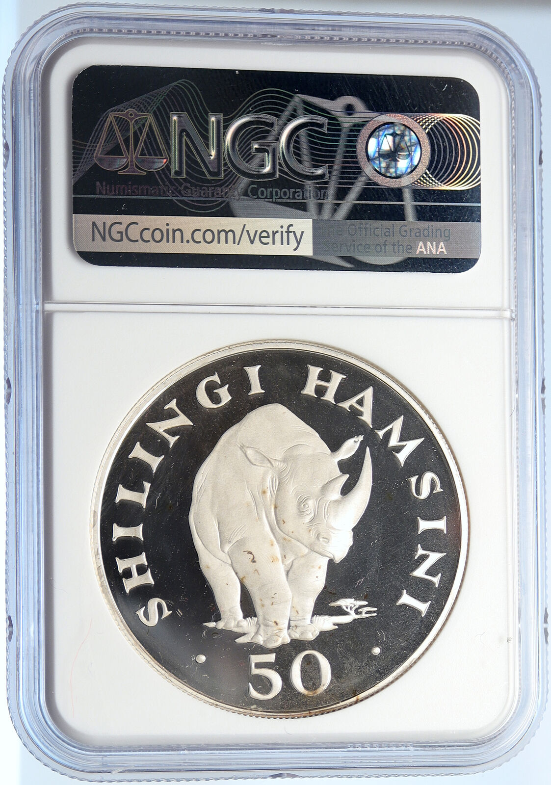 1974 TANZANIA President Nyerere RHINOCEROS Proof Silver 50 Shg Coin NGC i106024