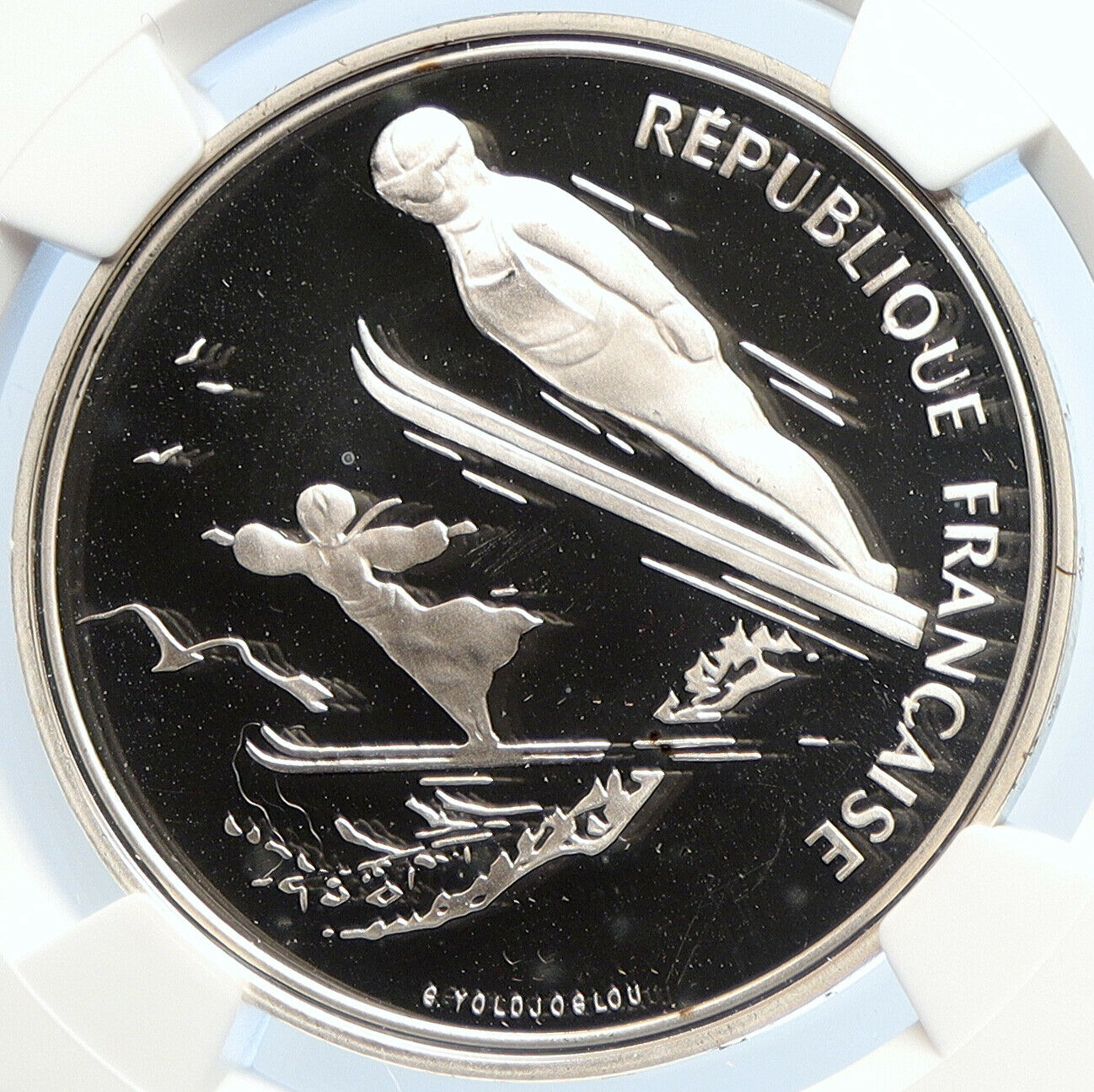 1991 FRANCE Ski Jumpers 1992 Olympics Proof Silver 100 Francs Coin NGC i106035