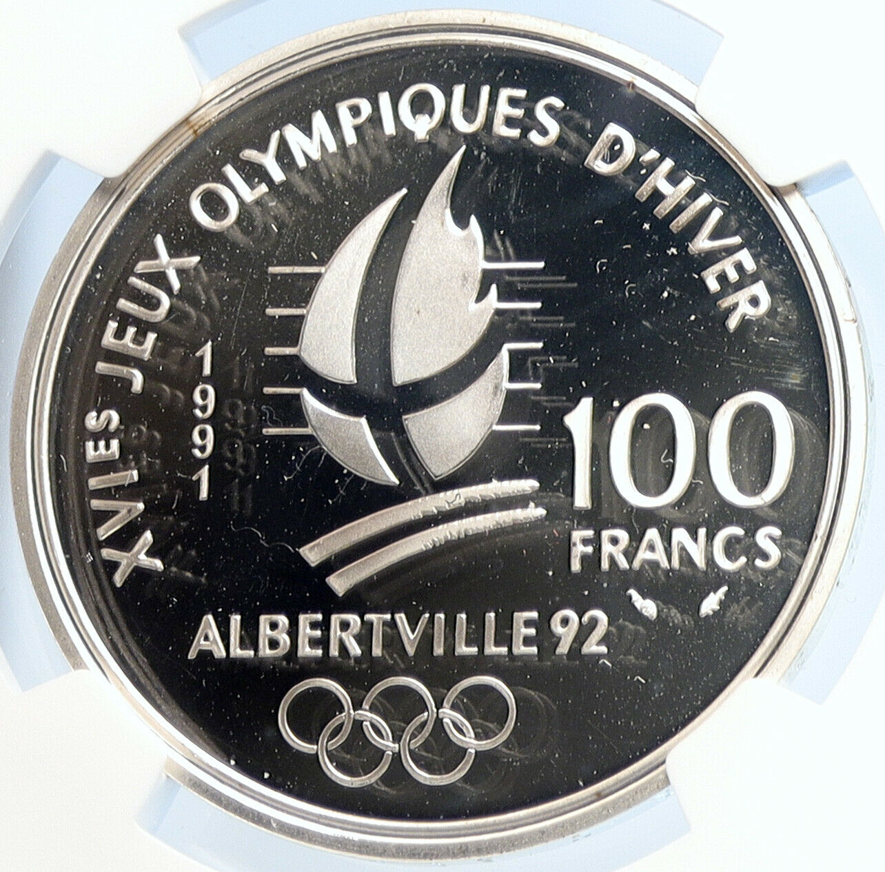 1991 FRANCE Ski Jumpers 1992 Olympics Proof Silver 100 Francs Coin NGC i106035