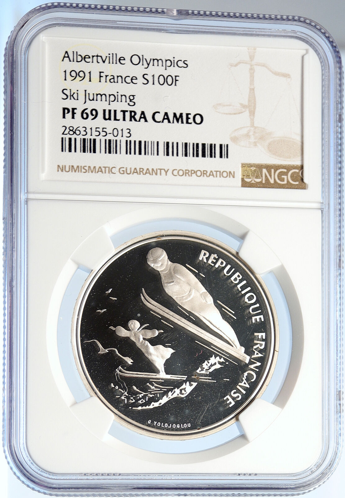 1991 FRANCE Ski Jumpers 1992 Olympics Proof Silver 100 Francs Coin NGC i106035