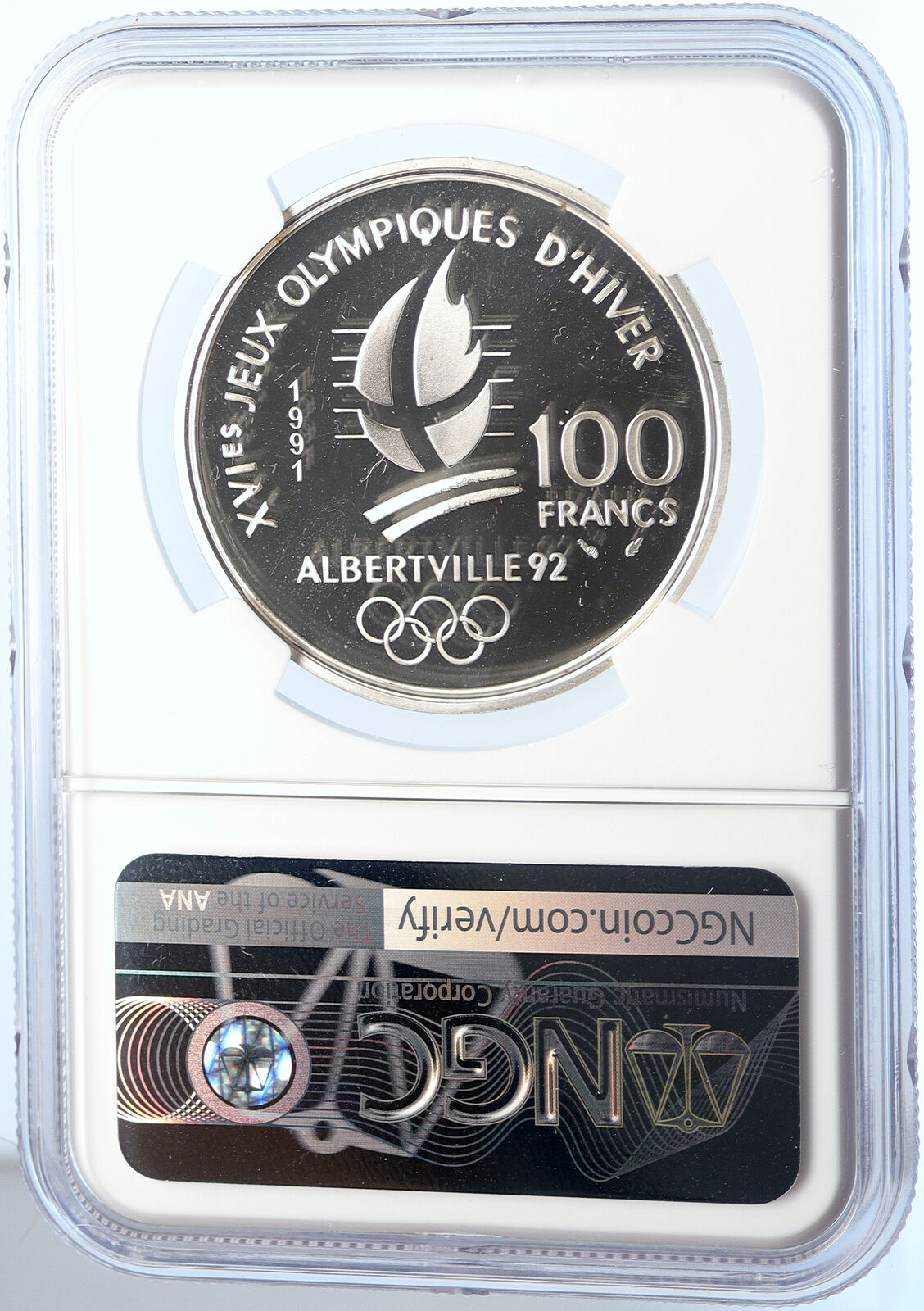 1991 FRANCE Ski Jumpers 1992 Olympics Proof Silver 100 Francs Coin NGC i106035