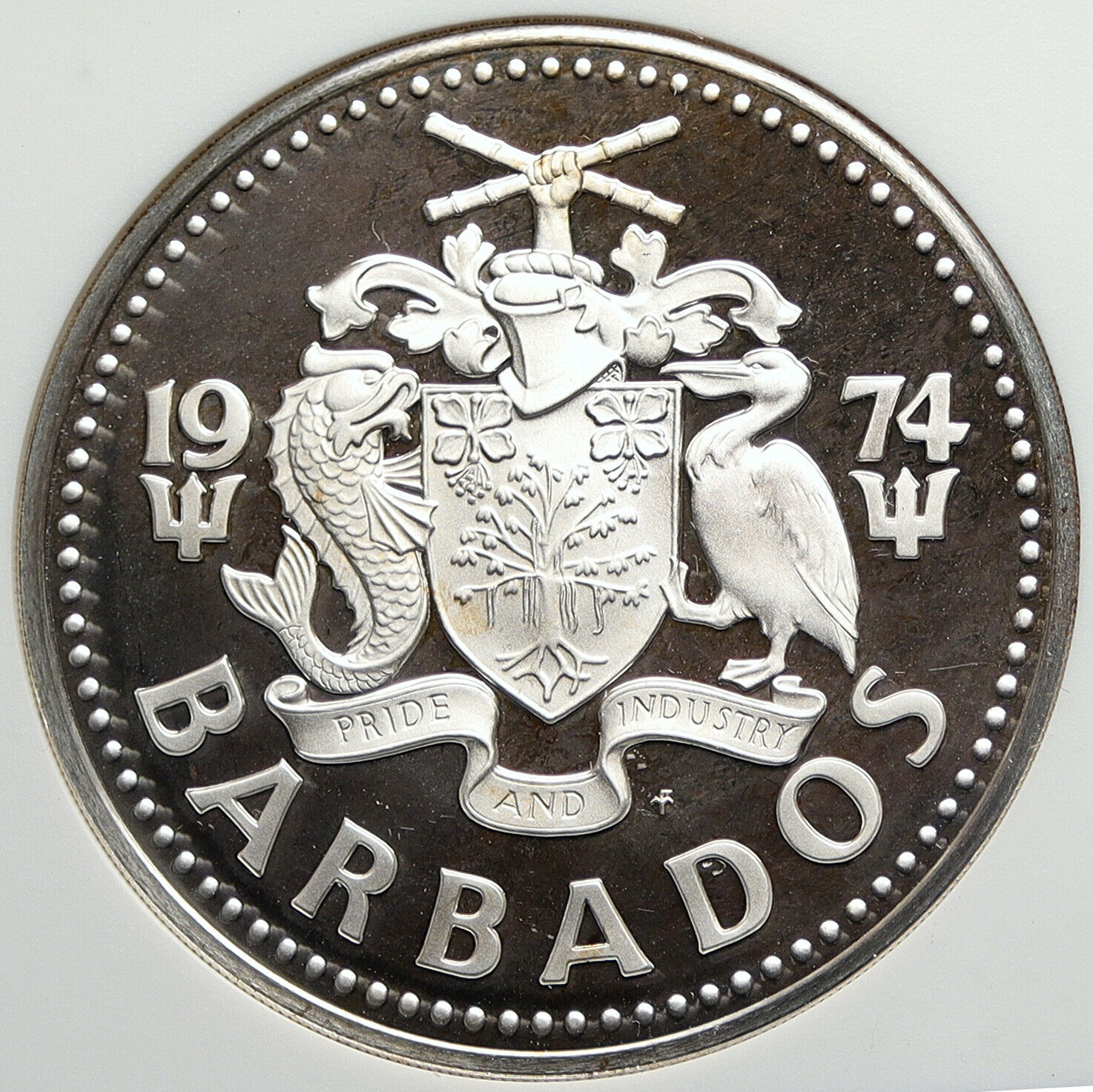 1974 BARBADOS Huge VINTAGE NEPTUNE Old Proof Silver 10 Dollars Coin NGC i106025