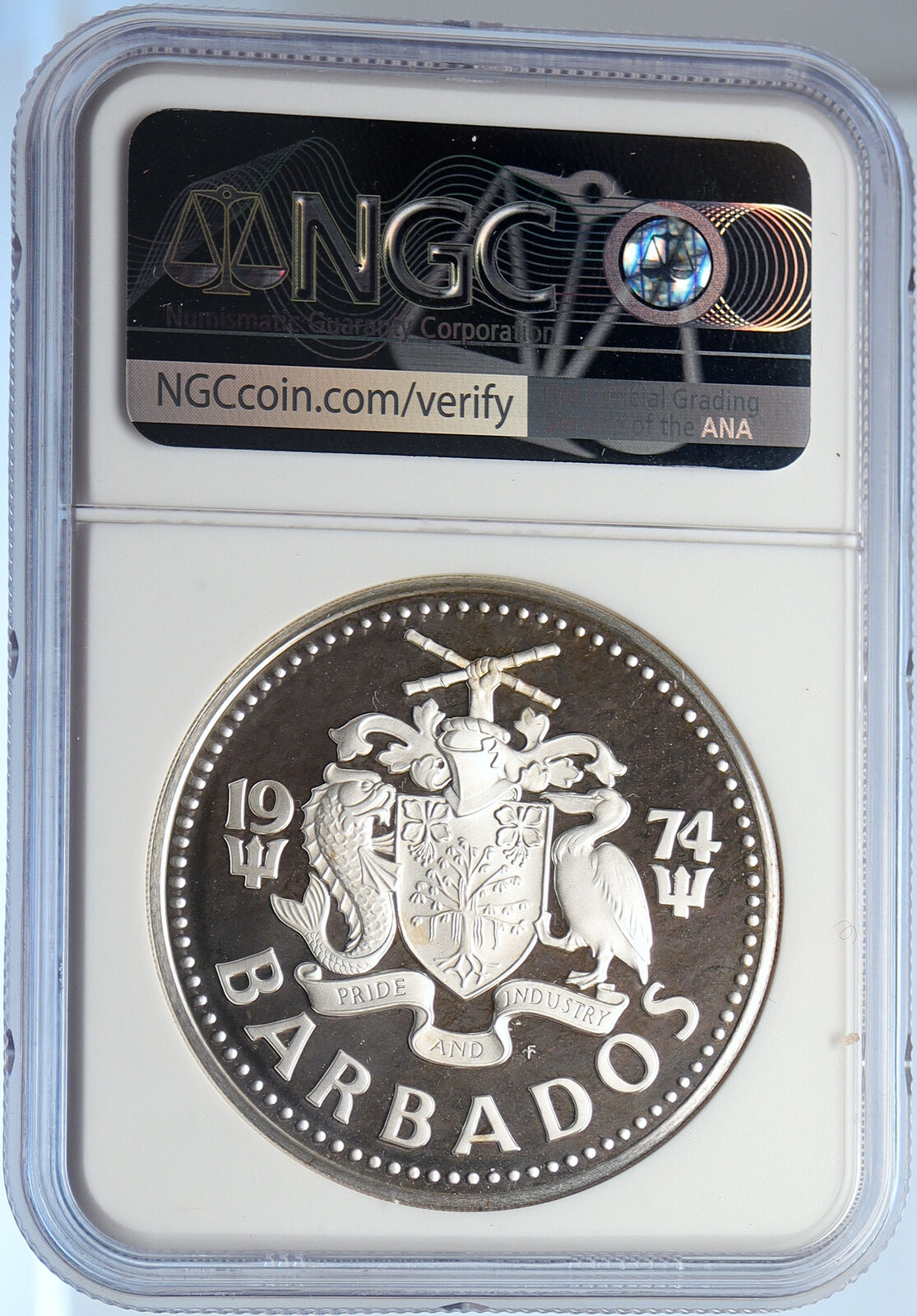 1974 BARBADOS Huge VINTAGE NEPTUNE Old Proof Silver 10 Dollars Coin NGC i106025