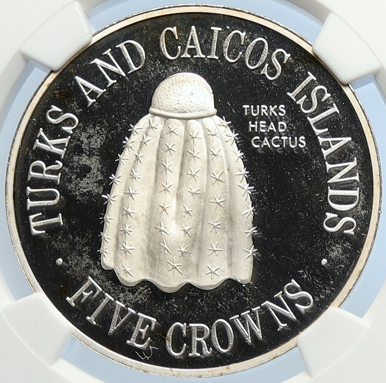 1976 TURKS AND CAICOS Head Cactus Vintage Proof Silver 5 Crown Coin NGC i106028