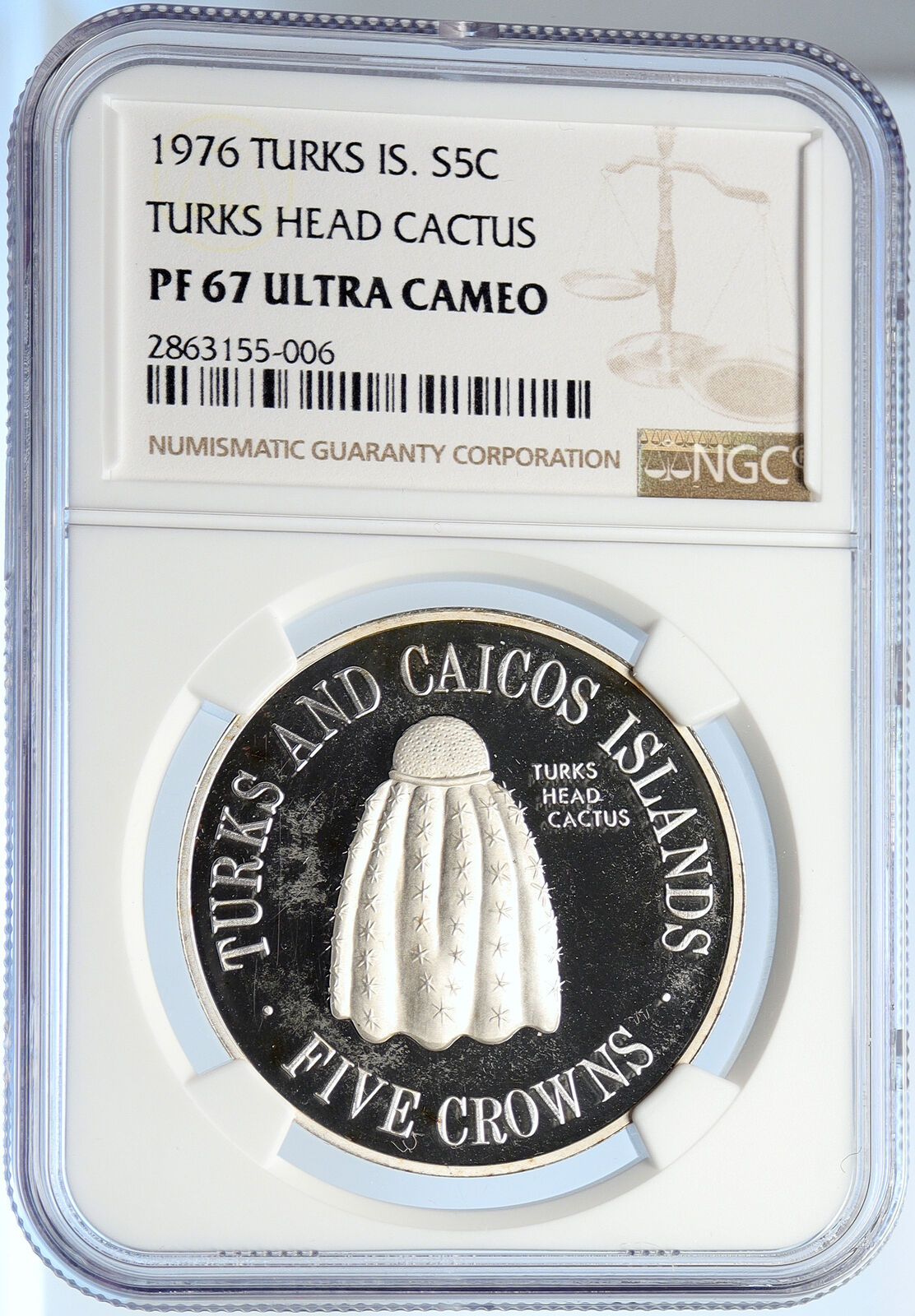 1976 TURKS AND CAICOS Head Cactus Vintage Proof Silver 5 Crown Coin NGC i106028