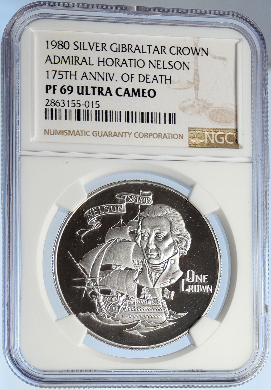 1980 GIBRALTAR Elizabeth II Admiral Nelson Silver Proof Crown Coin NGC i106037