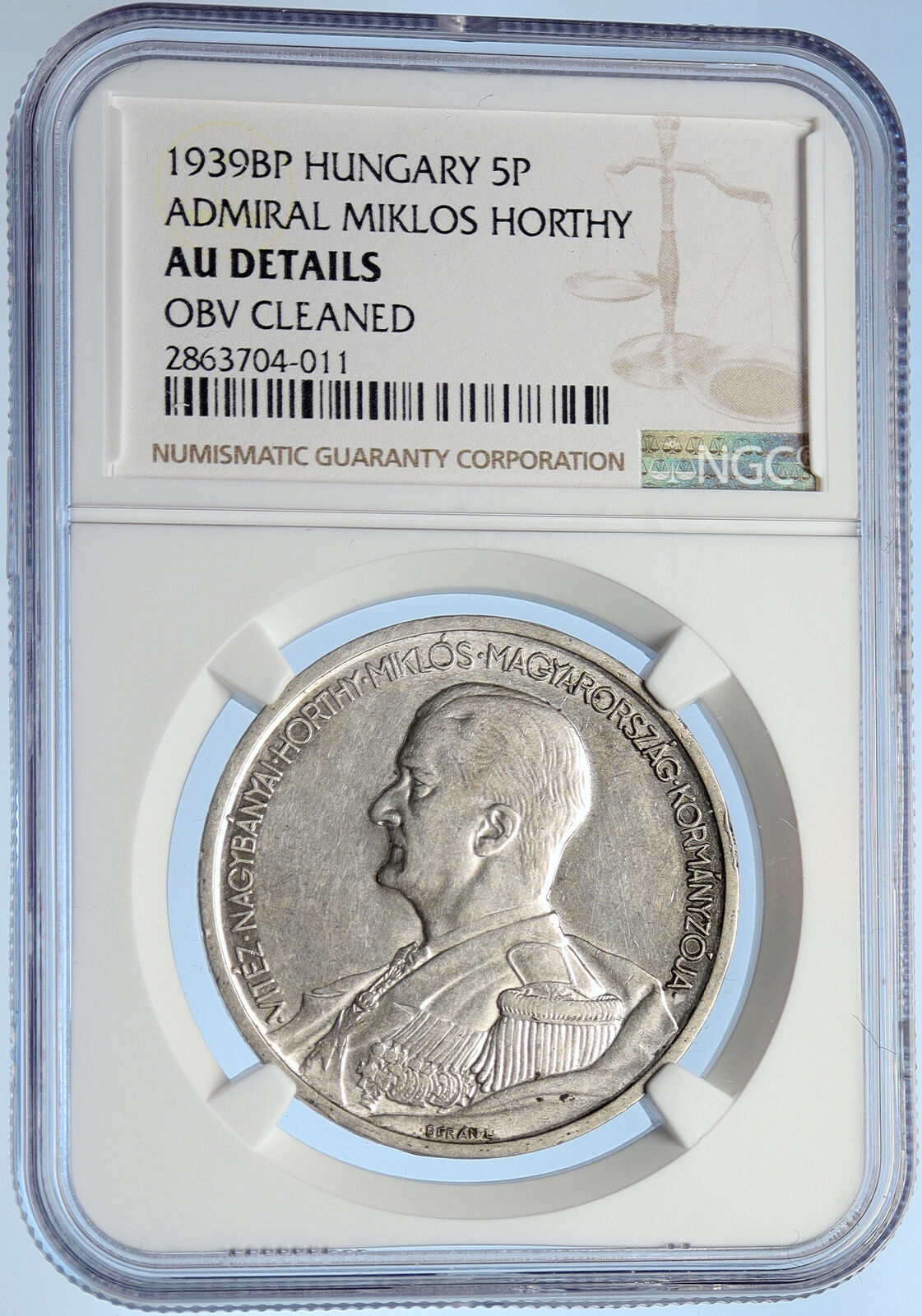 1939 HUNGARY Admiral Miklos Horthy Silver 5 Pengo Hungarian Coin NGC i106061