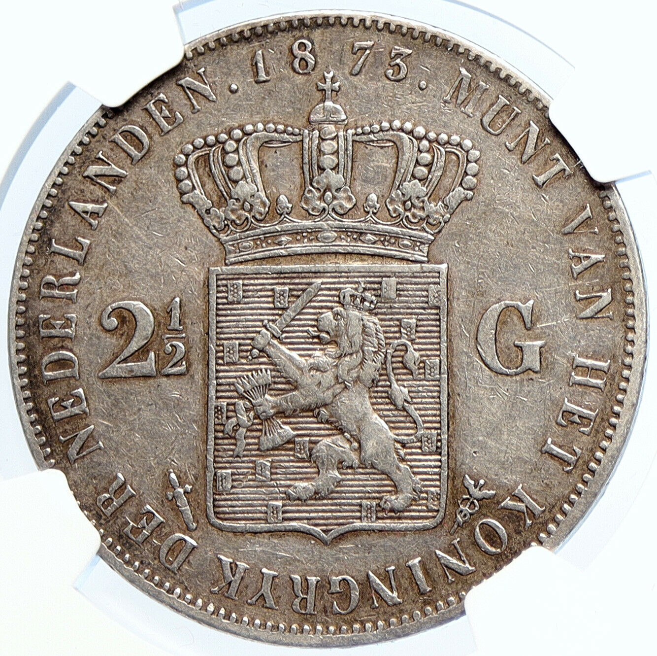 1873 NETHERLANDS Wilhelm III Antique Old Silver 2 1/2 Gulden Coin NGC i106056