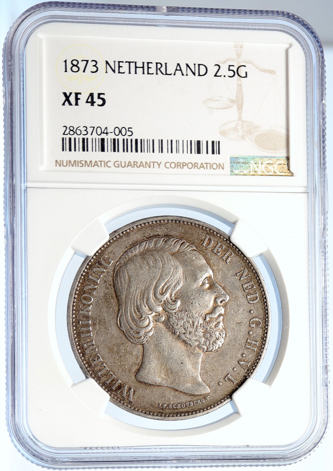 1873 NETHERLANDS Wilhelm III Antique Old Silver 2 1/2 Gulden Coin NGC i106056