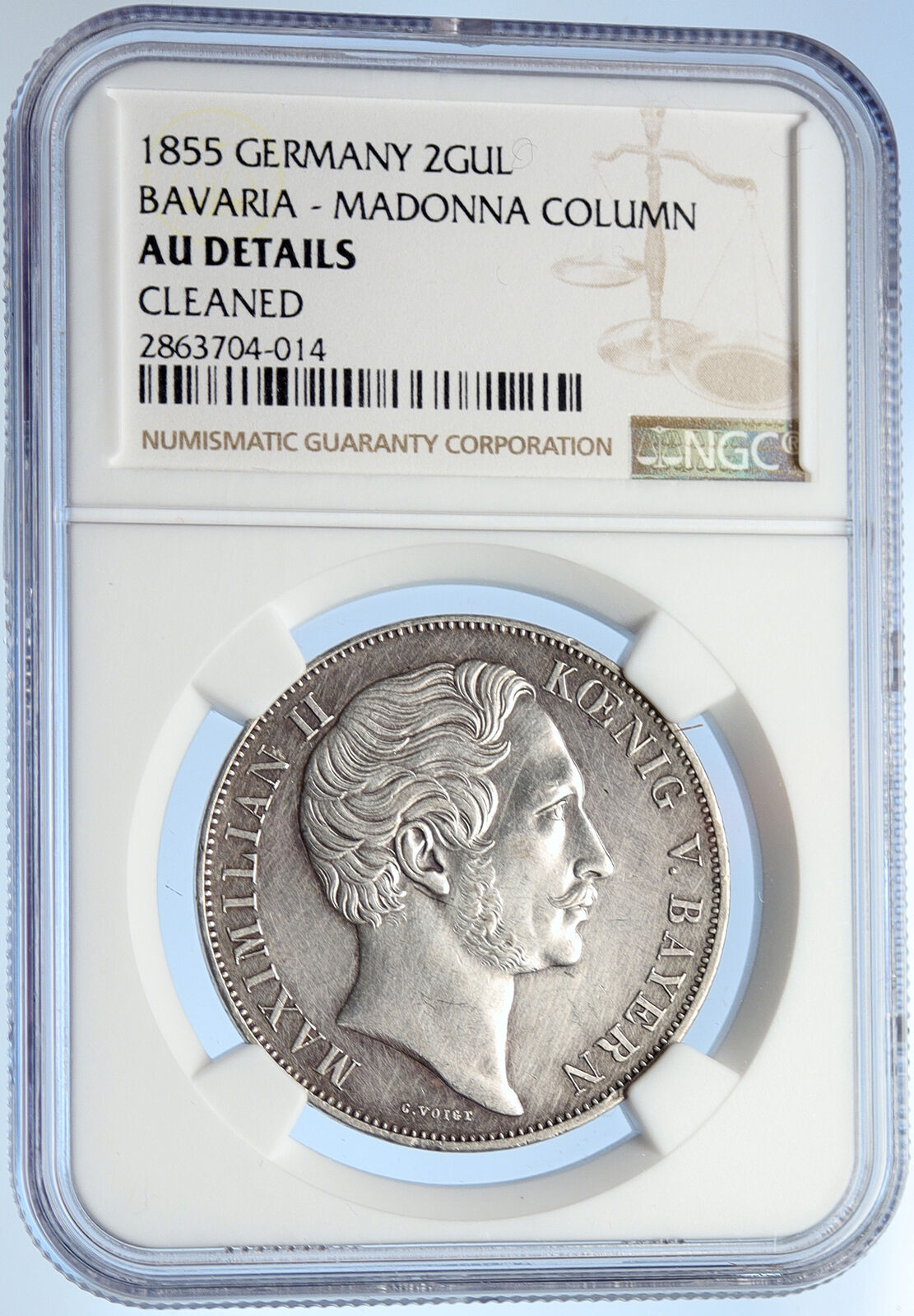 1855 GERMAN STATES Bavaria Maximilian II OLD Silver 2 Gulden Coin NGC i106064