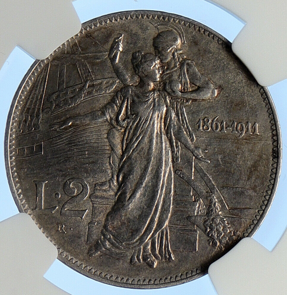 1911 ITALY King Vittorio Emmanuel III Roma & Male Silver 2 Lire Coin NGC i106594