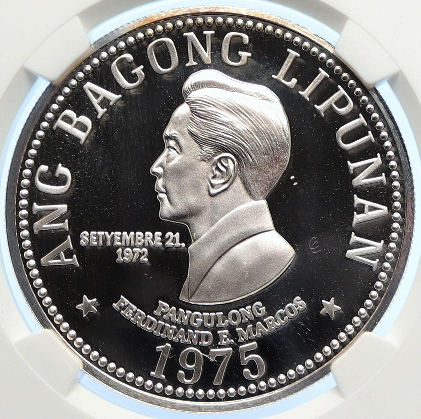 1975 PHILIPPINES New Society MARCOS Lipunan PRF Silver 50 Piso Coin NGC i106603