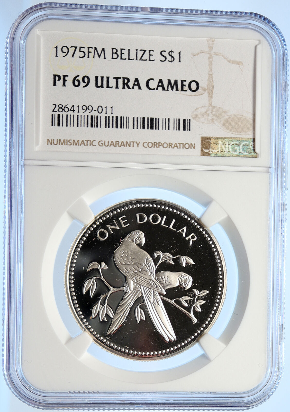 1975 BELIZE Avifauna Scarlet Macaw BIRD VINTAGE Proof Silver $1 Coin NGC i106605