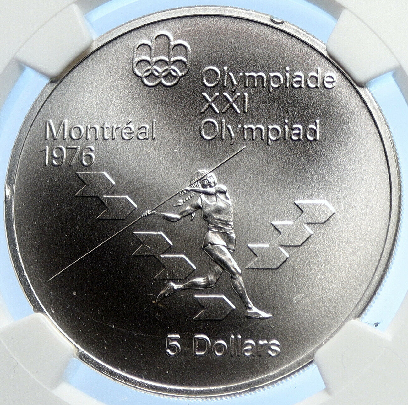 1975 CANADA Elizabeth II Olympics Javelin Athlete BU Silver $5 Coin NGC i106655