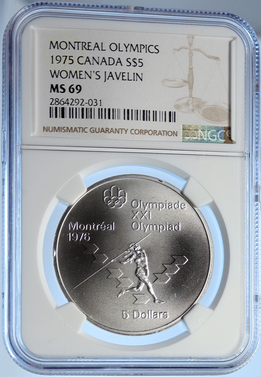 1975 CANADA Elizabeth II Olympics Javelin Athlete BU Silver $5 Coin NGC i106655