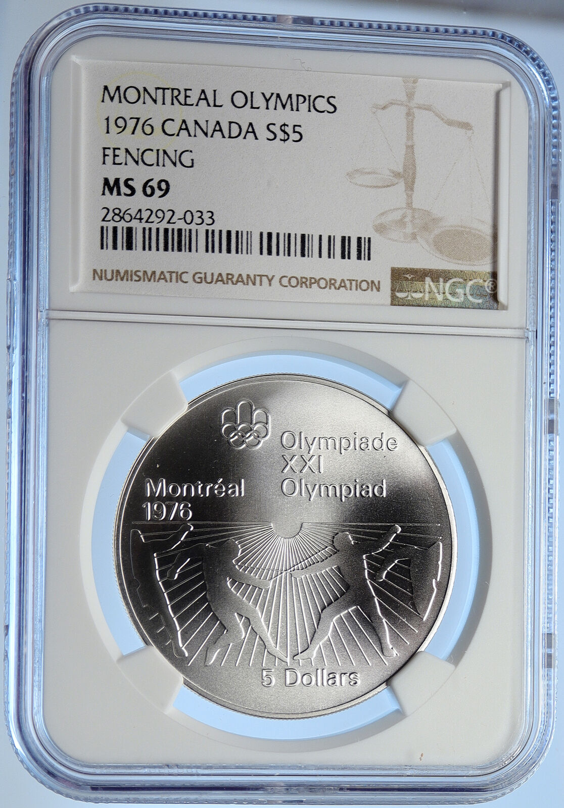 1976 CANADA Elizabeth II Olympics Montreal FENCING BU Silver $5 Coin NGC i106657