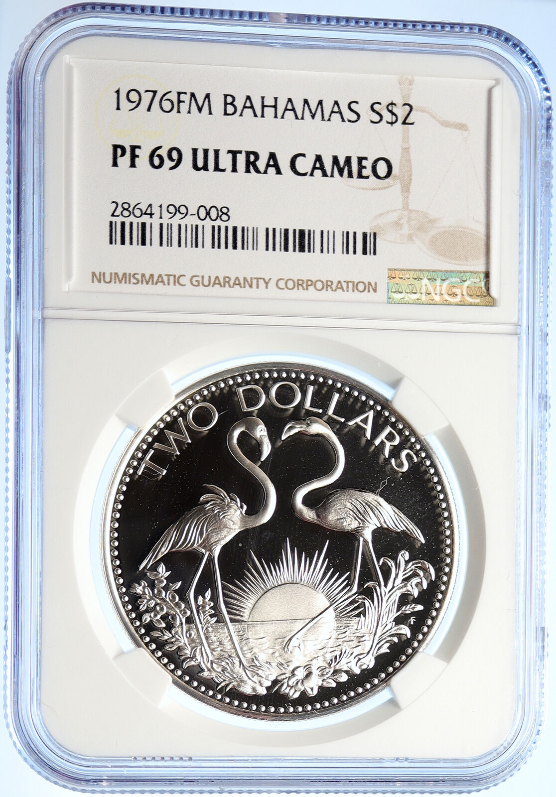 1976 The BAHAMAS Islands TWO FLAMINGOS Vintage Proof Silver $2 Coin NGC i106602