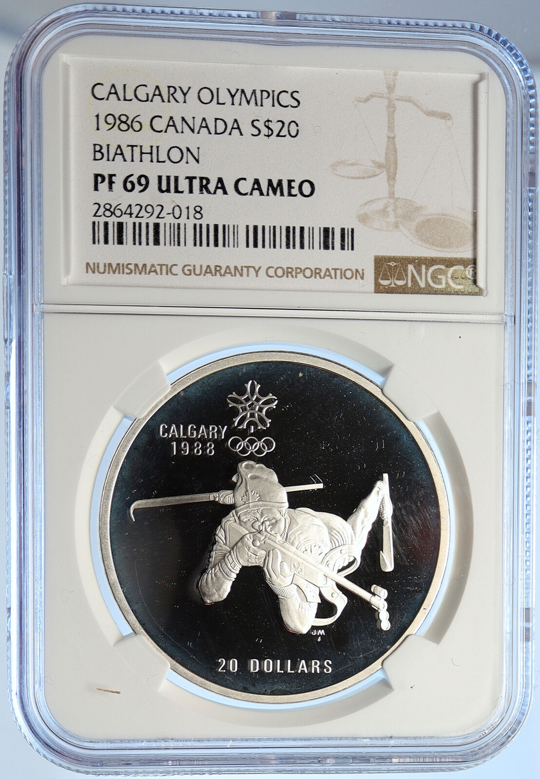 1986 CANADA Old 1988 CALGARY OLYMPICS BIATHLON Proof Silver $20 Coin NGC i106642