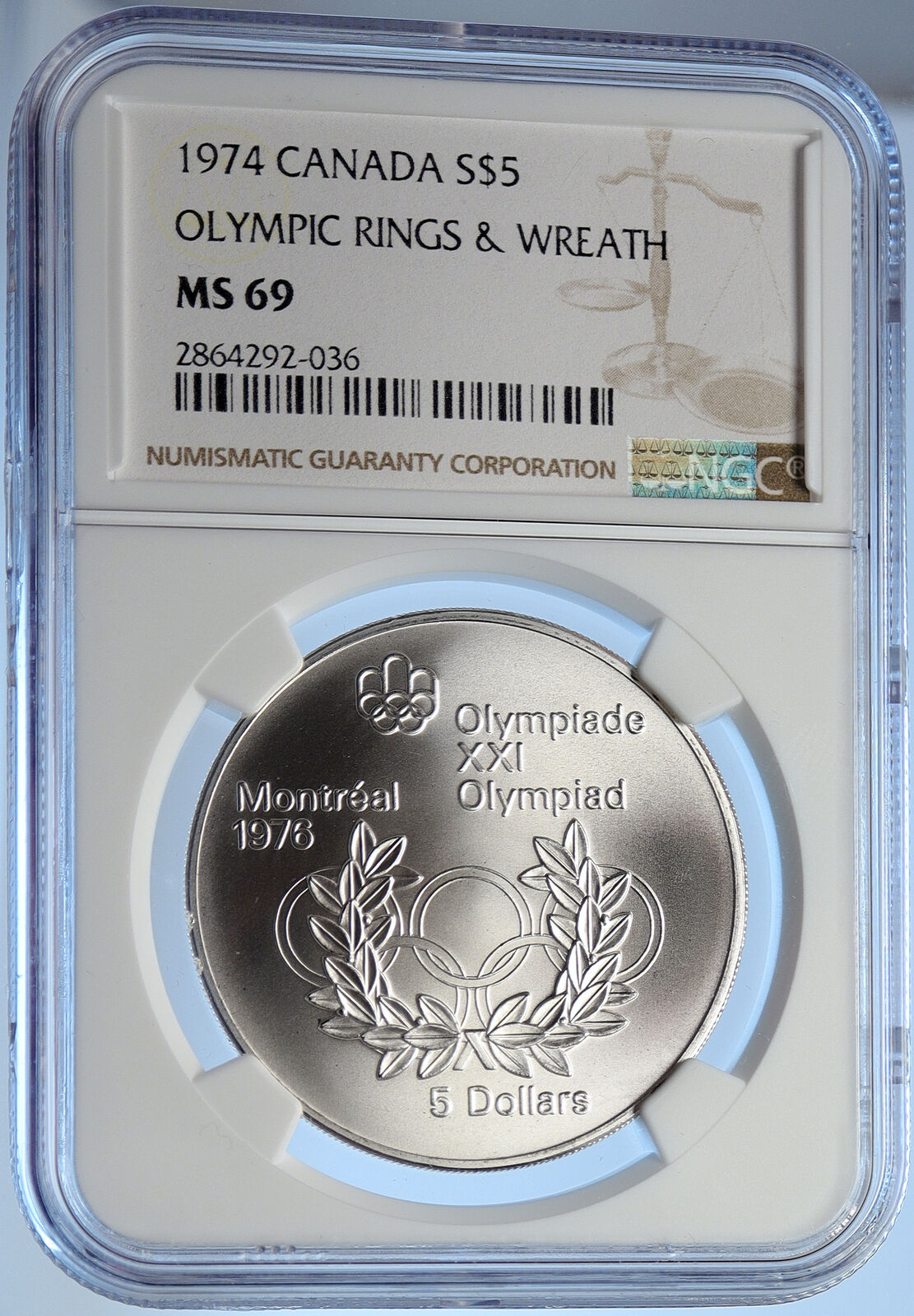 1974 CANADA Elizabeth II Olympics Montreal RINGS BU Silver $5 Coin NGC i106660