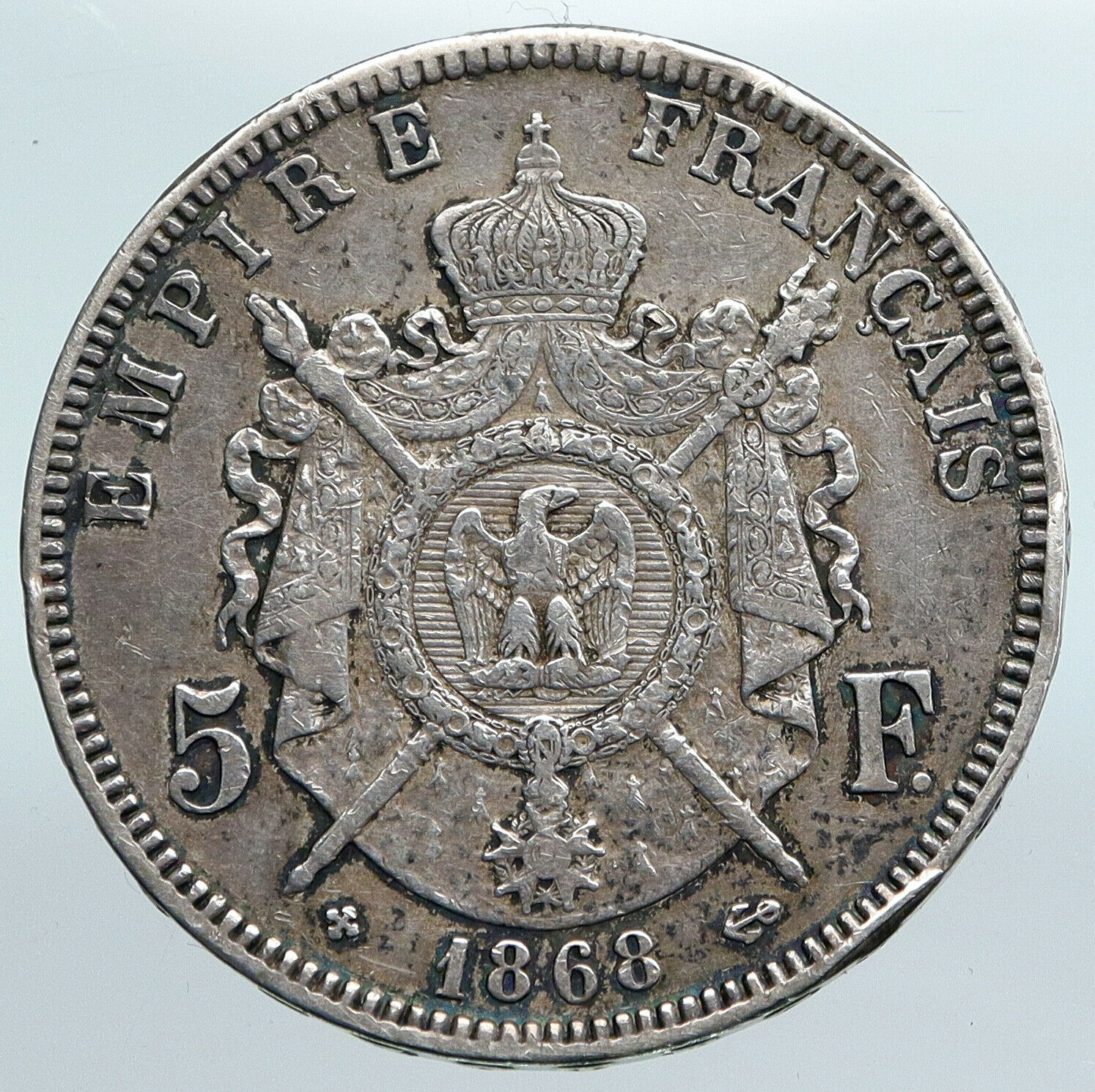 1868 FRANCE Emperor NAPOLEON III Crowned ARMS Silver 5 Francs French Coin i90019