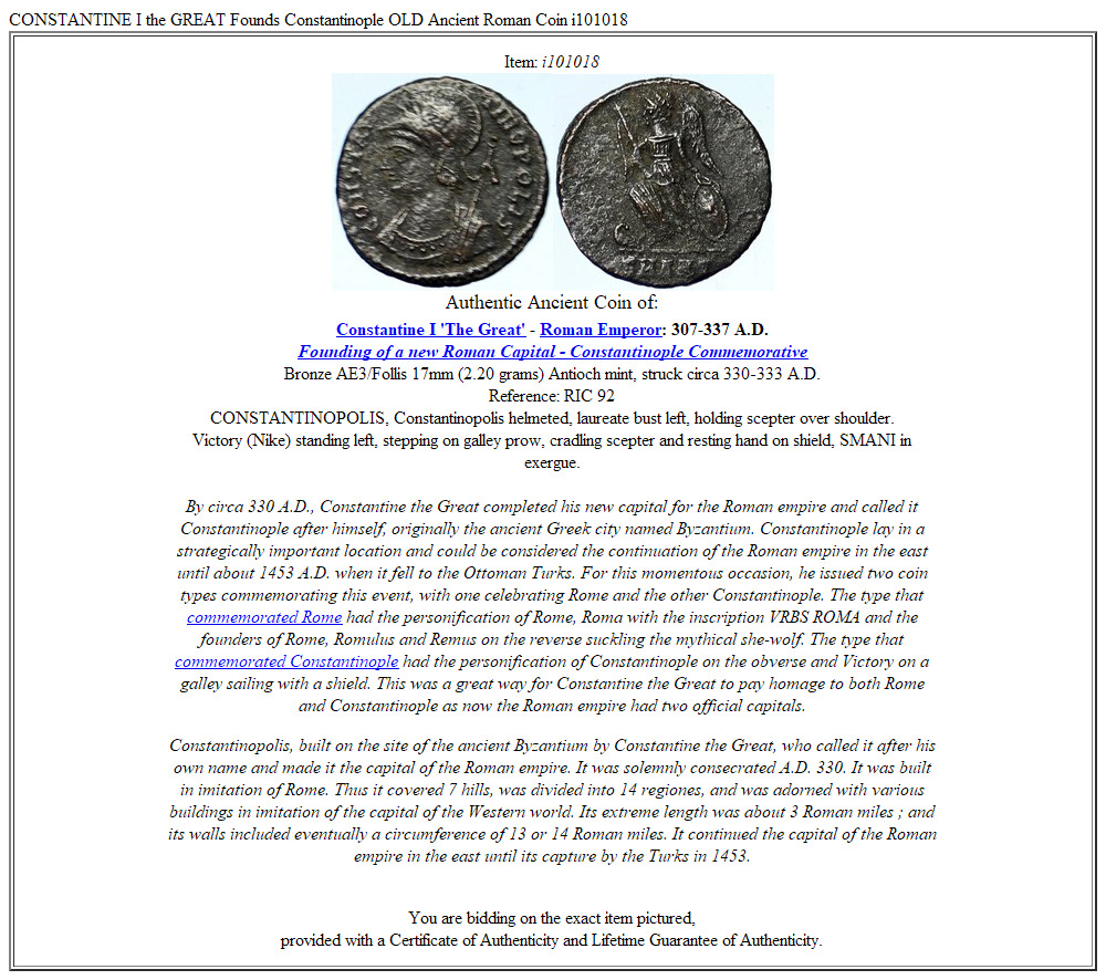 CONSTANTINE I the GREAT Founds Constantinople OLD Ancient Roman Coin i101018