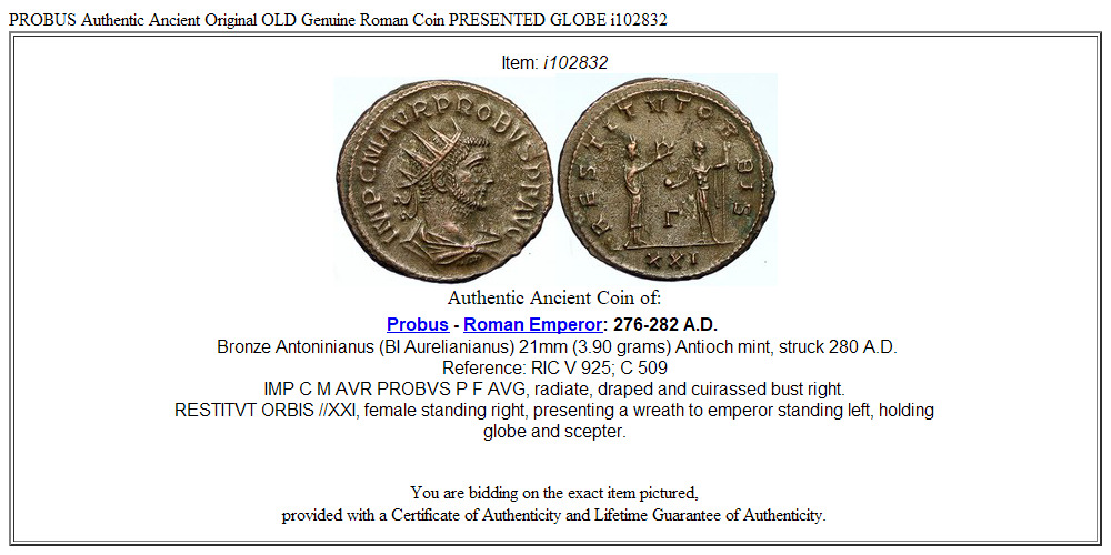 PROBUS Authentic Ancient Original OLD Genuine Roman Coin PRESENTED GLOBE i102832